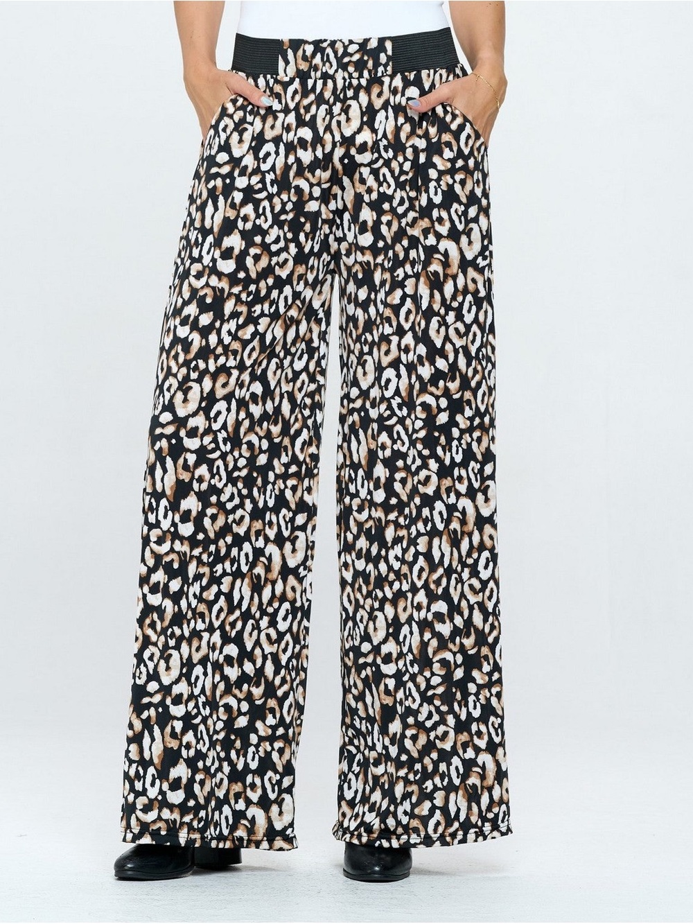 NWT - Leopard Print Wide Leg Pants in Black/Tan - Stretchy Palazzo Pants